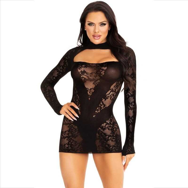 LEG AVENUE - MINI ROBE AVEC DENTELLE MANCHES LONGUES NOIR