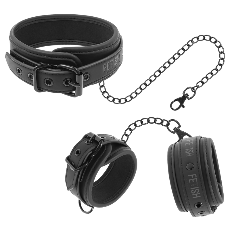 FETISH SUBMISSIVE - VEGAN LEATHER NECKLACE AND HANDCUFFS WITH