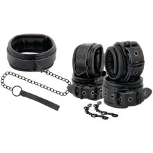 DARKNESS - BLACK LEATHER HANDCUFFS AND COLLAR