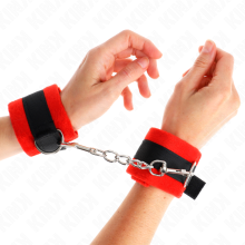 KINK - BEGINNER FUR HAND CUFFS BLACK-RED 30 X 7 CM