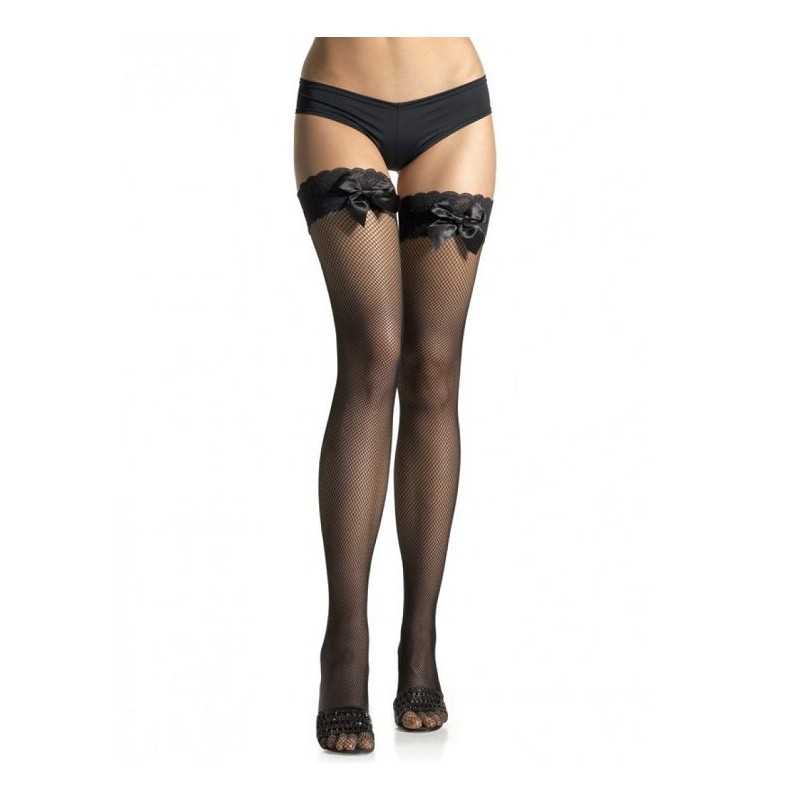 LEG AVENUE - BLACK FISHNET TIGHTS WITH TOP LACE AND BOW DETAIL