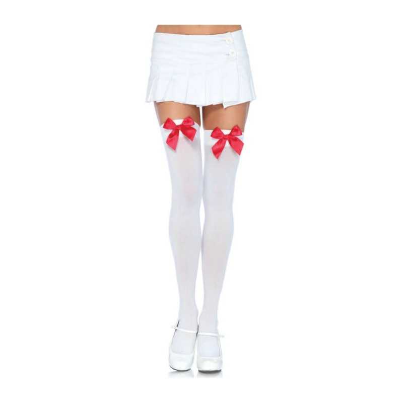 LEG AVENUE - NYLON OBERSCHENKEITENHÖHE MIT SCHLEIFE WEISS/ROT LEG AVENUE - NYLON OBERSCHENKEITENHÖHE MIT SCHLEIFE WEISS/ROT