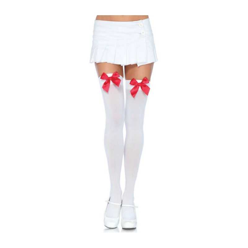 LEG AVENUE - NYLON THIGH HIGHS WITH BOW WHITE / RED