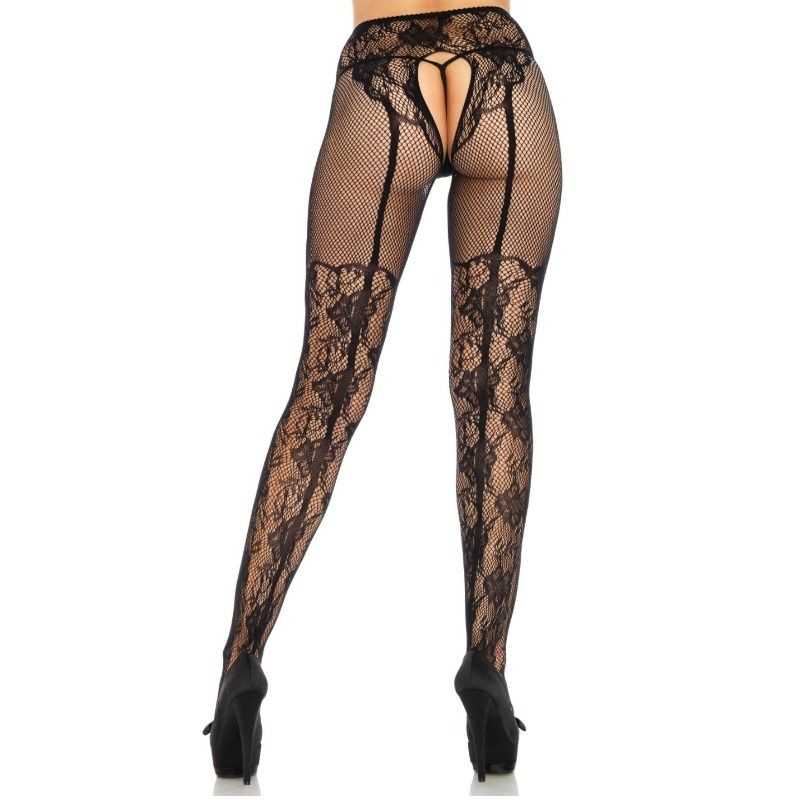 LEG AVENUE - STOCKING FLOWERS DESIGN BACK CROTHLESS ONE SIZE