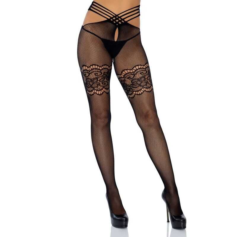 LEG AVENUE - MEIAS FISHNET COM FENDA E COXAS DE RENDA TAMANHO
