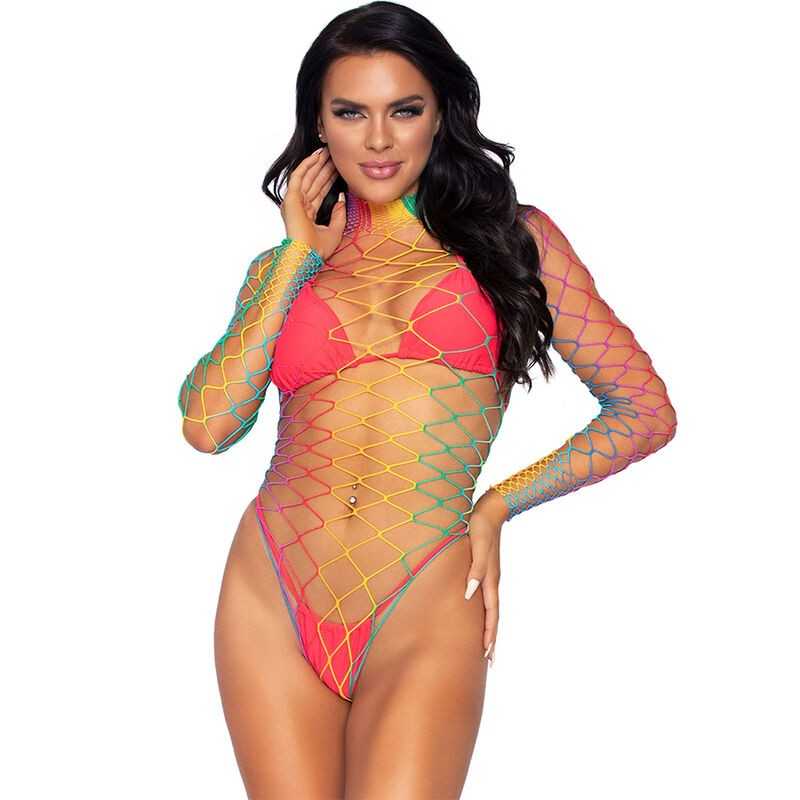 LEG AVENUE - BODY IN RETE MULTICOLORE MANICA LUNGA