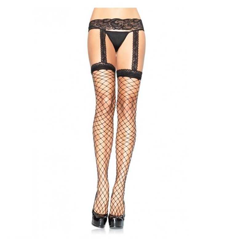 LEG AVENUE - FISHNET STOCKINGS WITH BLACK LACE GARTER GARTER