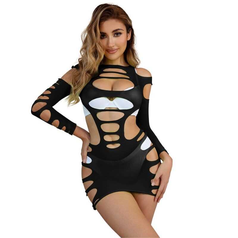 SUBBLIME - 952266 LANGRMELIGER ELASTISCHER NETZ-KLEID SCHWARZ EINE GRÖSSE