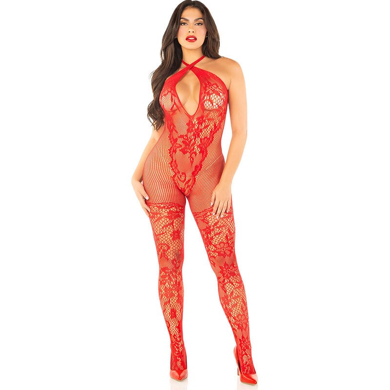 LEG AVENUE - BODYSTOCKING A MAGLIA CON STAMPA A FIORI ROSSO