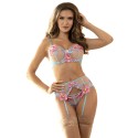 SUBBLIME - 954109 BRA + PANTIES WITH GARTER BELT FLORAL DESIGN BLUE S/M