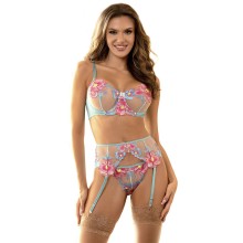 SUBBLIME - 954116 BRA + PANTIES WITH GARTER BELT FLORAL DESIGN BLUE L/XL