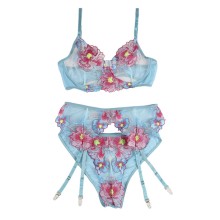 SUBBLIME - 954116 BRA + PANTIES WITH GARTER BELT FLORAL DESIGN BLUE L/XL