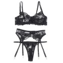 SUBBLIME - 945237 BRA + PANTIES WITH GARTER BELT FLORAL DESIGN BLACK S/M