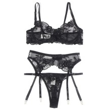 SUBBLIME - 945237 BRA + PANTIES WITH GARTER BELT FLORAL DESIGN BLACK S/M