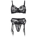 SUBBLIME - 945237 BRA + PANTIES WITH GARTER BELT FLORAL DESIGN BLACK S/M