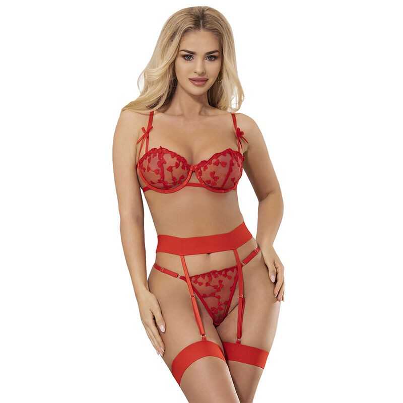 SUBBLIME - 954321 HEART PRINT BRA + THONG + GARTER BELT RED S/M