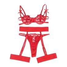 SUBBLIME - 954321 HEART PRINT BRA + THONG + GARTER BELT RED S/M