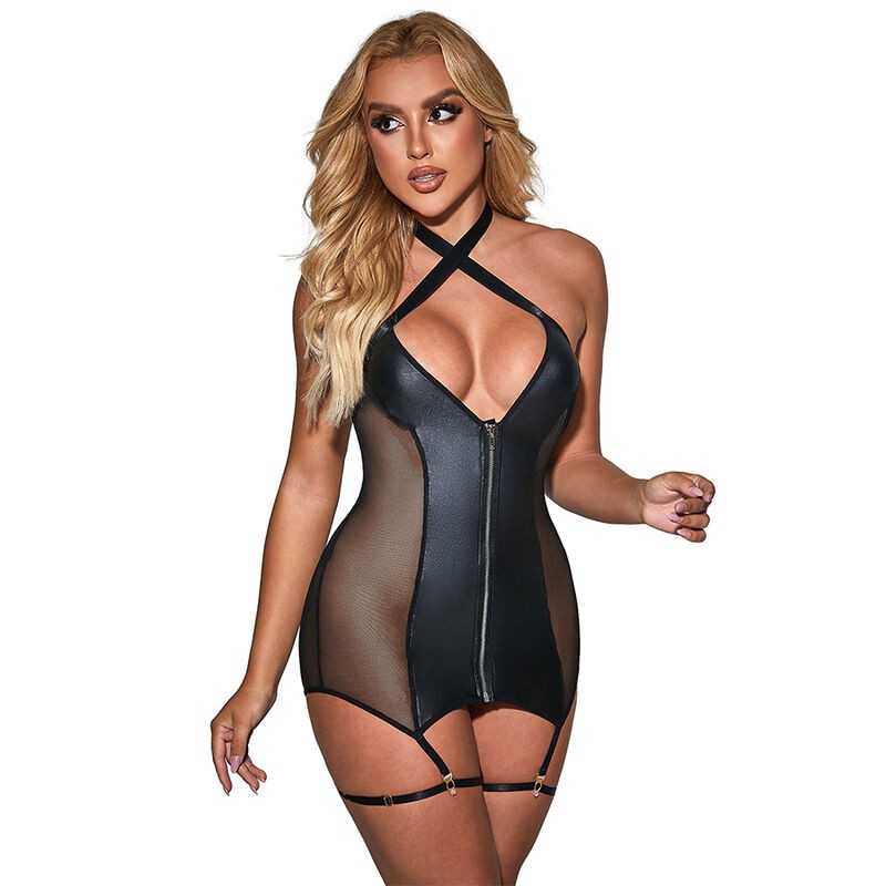 SUBBLIME - 954444 SEXY MESH DRESS LEATHER BLACK S/M