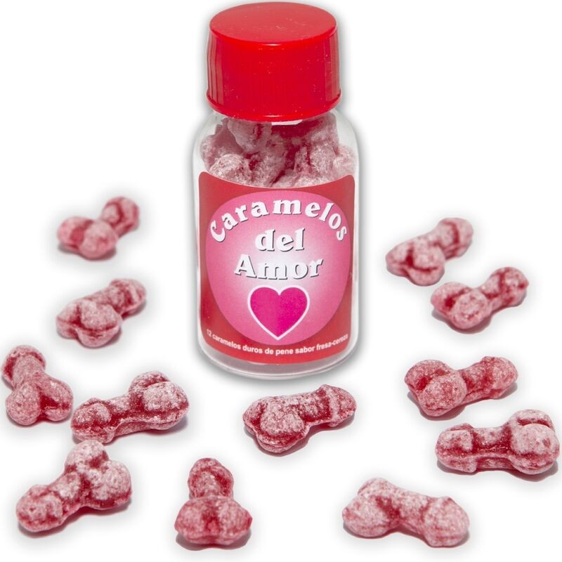 DIABLO PICANTE - 12 BONBONS D'AMOUR EN FORME DE PÉNIS FRAISE/CERISE