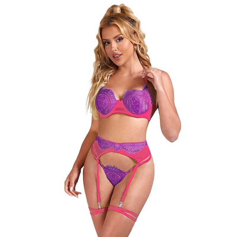 SUBBLIME - 955366 BH-SET MIT SPITZE UND STRUMPFBAND ROSA UND LILA L/XL