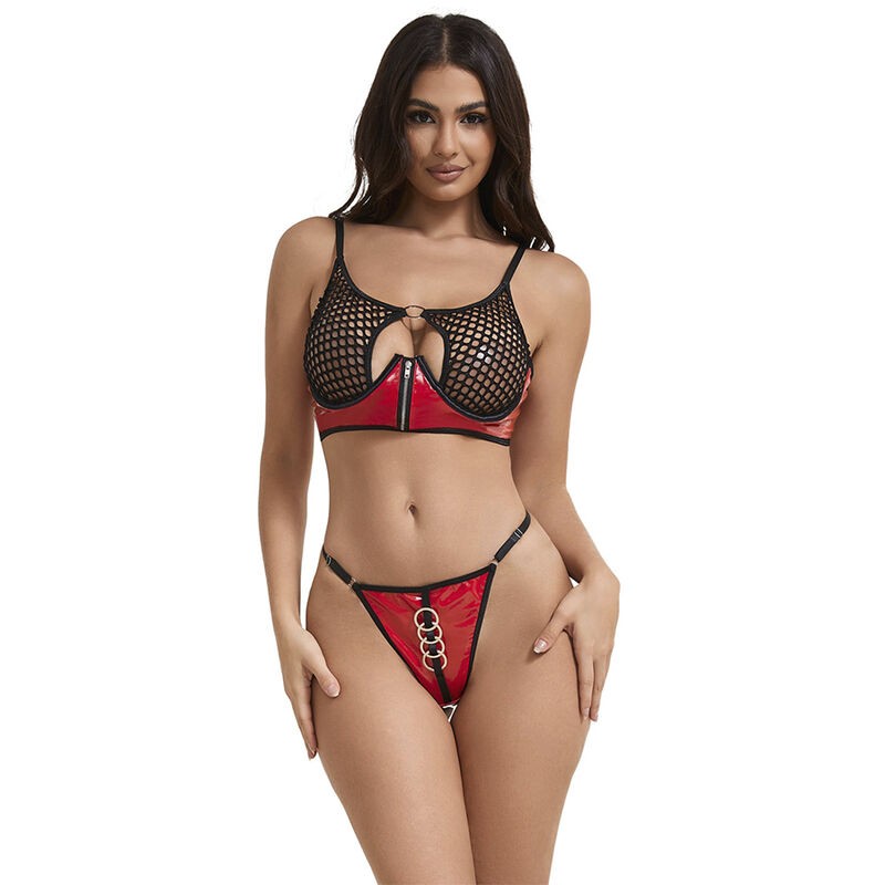 SUBBLIME - 955533 CONJUNTO DE SUTIÃ DE COURO VERMELHO COM ZÍPER