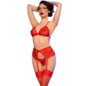 CHILIROSE - CR 4848 RED LACE BRA + THONG + STOCKINGS SET S