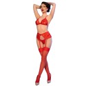 CHILIROSE - CR 4848 RED LACE BRA + THONG + STOCKINGS SET S