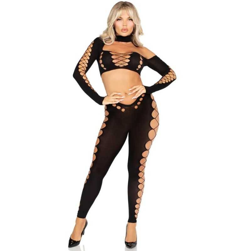 LEG AVENUE - CROP TOP ET LEGGINGS DÉCOUPÉS SANS COUTURE NOIR