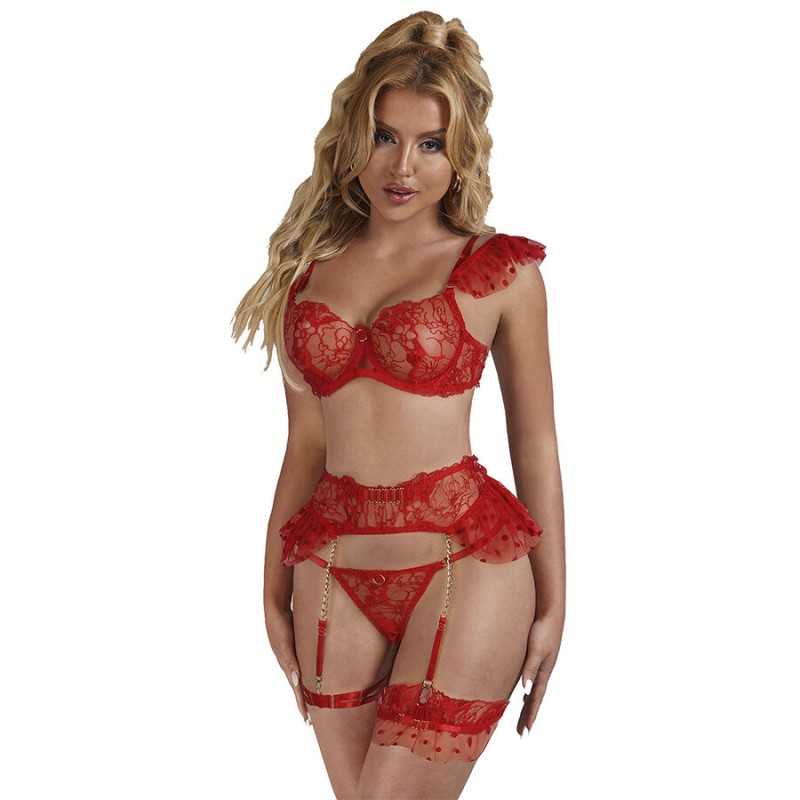 SUBBLIME - 957513 ENSEMBLE SOUTIEN-GORGE ET JARRETELLE EN DENTELLE ROUGE L/XL