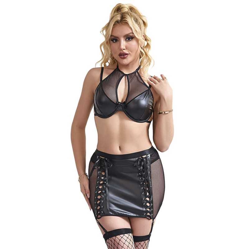 SUBBLIME - 957582 LEATHER BRA AND SKIRT SET BLACK S/M