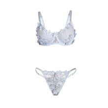 SUBBLIME - 957636 CONJUNTO DE SUTIÃ E CALCINHA BORDADOS COM FLORES AZUL CELESTE L/XL