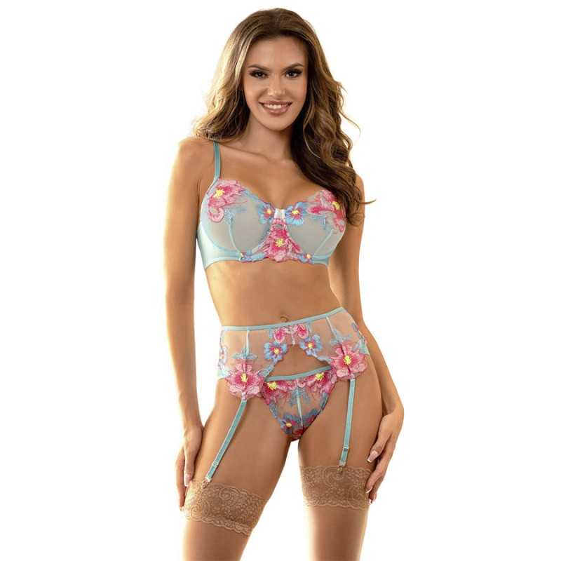 SUBBLIME - 957650 CONJUNTO DE SUTIÃ E CINTO-LIGA COM BORDADO DE FLORES ROSA L/XL