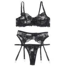 SUBBLIME - 945244 SUTIÃ + CALCINHA COM CINTO-LIGA DESIGN FLORAL PRETO L/XL