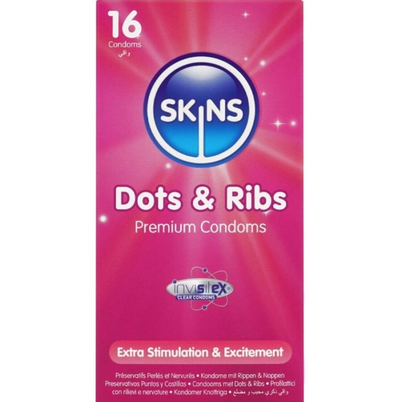 SKINS - DOTS RIBS PREMIUM PRESERVATIVOS PACOTE COM 16